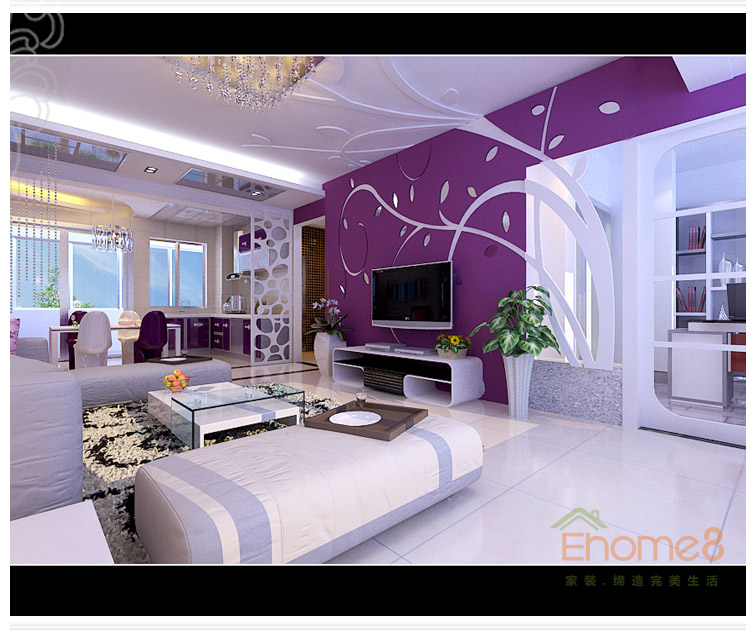 浅紫色客厅全景装修效果图