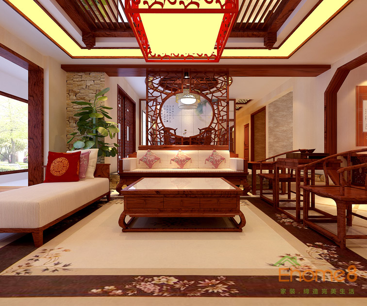 凤岭一号145平米四房两厅中国风红木背景墙装修效果图1