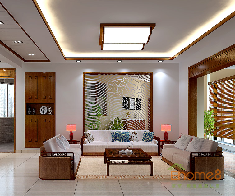 102㎡三房一厅中式田园风格客厅沙发装修效果图1.jpg